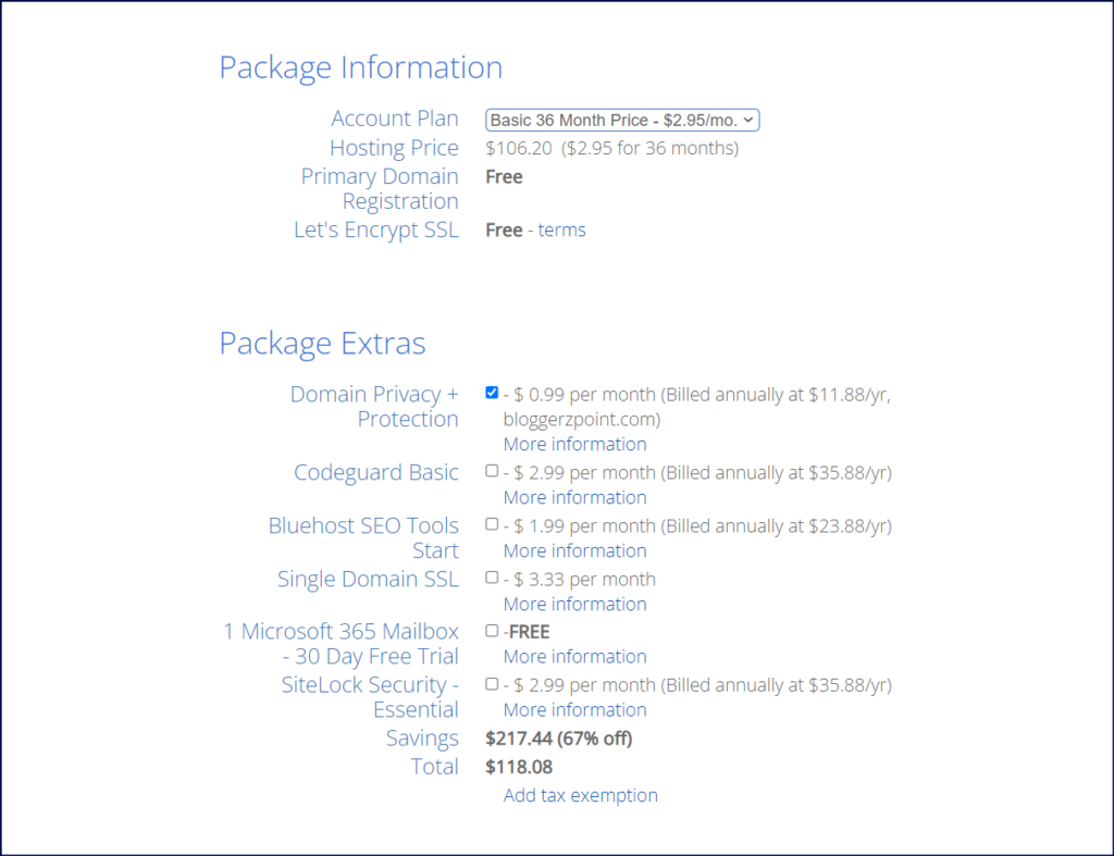 Package Details (Bluehost)
