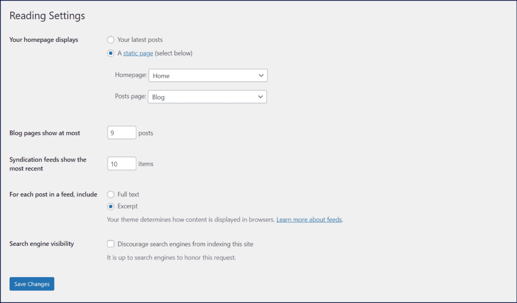 WordPress Settings - Static Page Website