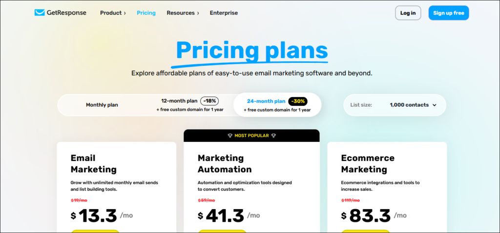 GetResponse Pricing (Offer 30% OFF)