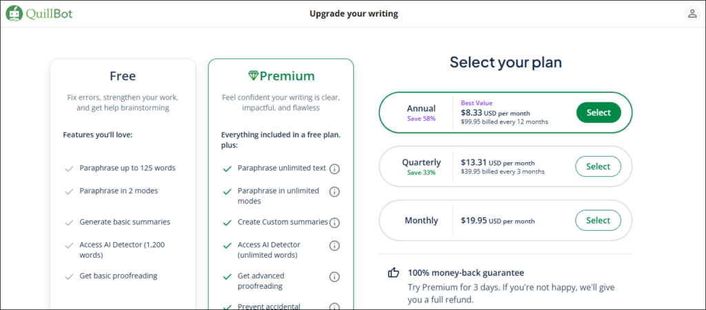 Select your QuillBot Plan